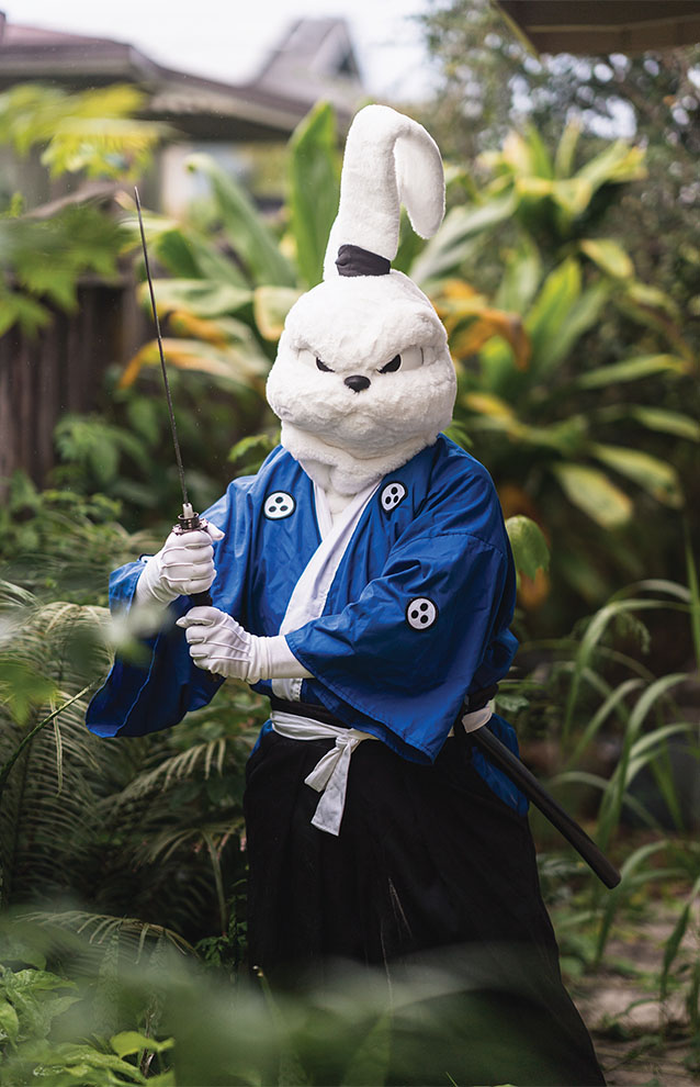 a person dressed as a samurai cat