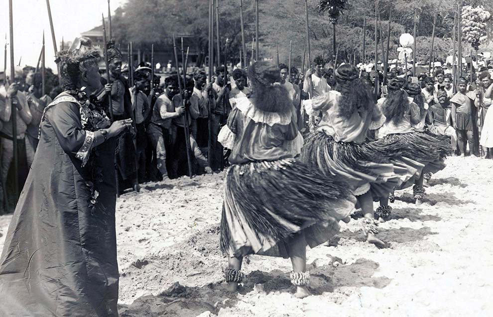 an old black and white photograph of hula dancers